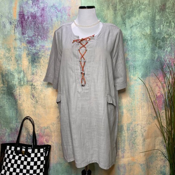 📌Yuzao Cotton 3/4 Sleeves Dress - Tunic with Decorative Lace Up - Picture 1 of 8